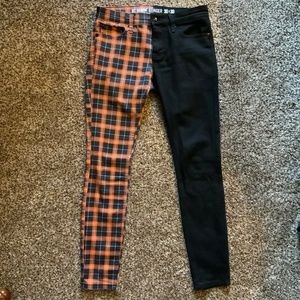 Hot Topic Split Leg Black And Orange Plaid Skinny Jeans 30x30